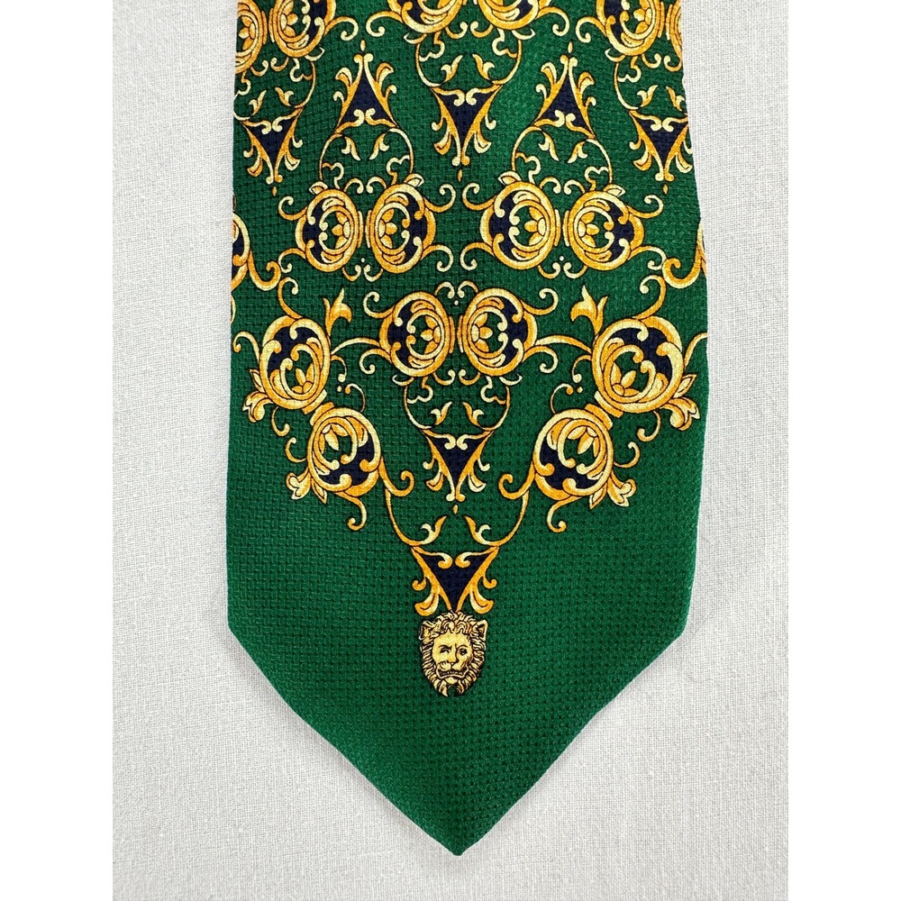 Versani Italy Mens Tie Green Gold Baroque Scroll Lion Head Pattern‎